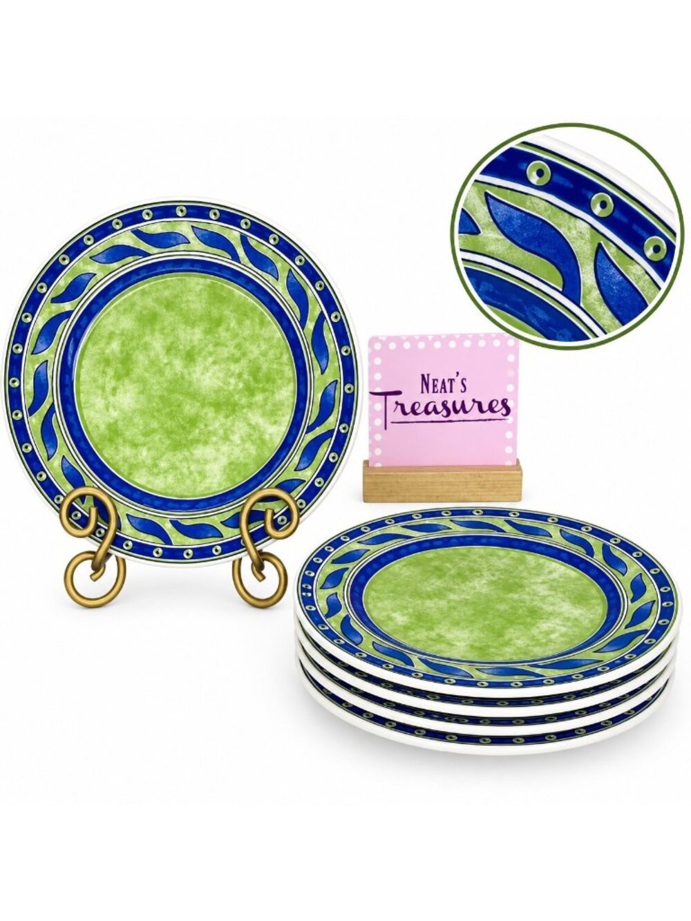 Pier 1 VERSAILLES Blue Green Bands Leaves Dots Ceramic Italy Salad Plates Set 5
